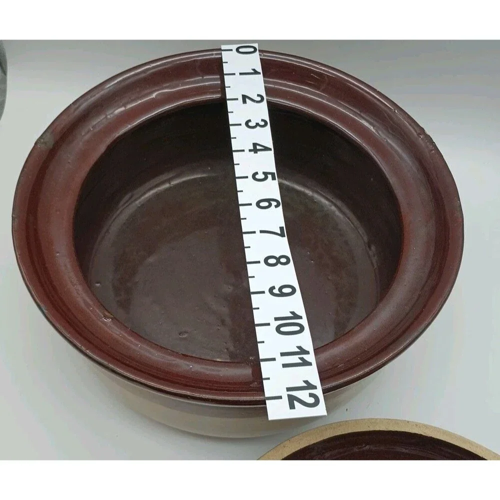 Vintage Stoneware Two-tone Brown Bean Pot 12-in Extra Large Lid